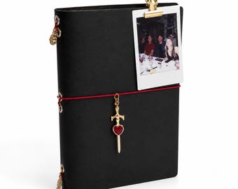 Handmade Black real Leather Journal – Sword Heart Charm, Red Elastic Closure