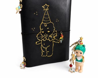 Circus Circus Black leather journal - travel size with Gold Details & Charms (Gift included)
