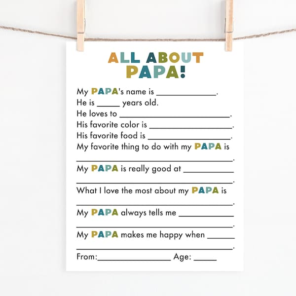 Fathers Day Gift, All About Papa, Papa Questionnaire, Grandkids Fathers Day Present, I love Papa, Gift for Grandpa, Fathers Day Printable