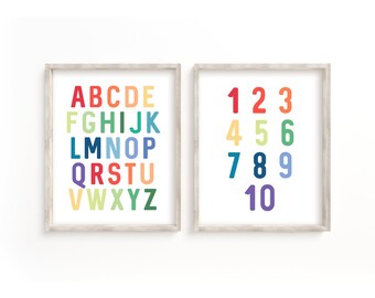 Alphabet Numbers Rainbow Prints, Rainbow Playroom Printables, Playroom Wall Art, Rainbow Kids Room Decor, Nursery Decor, Printable Wall Art