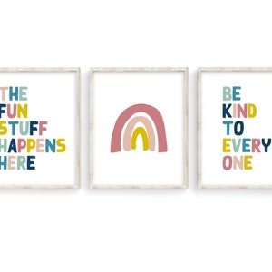 Rainbow Print Set, Be Kind Print, Rainbow Wall Art, Playroom Prints, Fun Stuff Happens Here Print, Playroom Decor, Playroom Sign, Printables