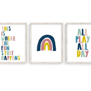 Rainbow Print Set, All Play All Day Print, Rainbow Wall Art, Playroom Prints, Fun Stuff Happens Here Print, Playroom Decor, Playroom Sign
