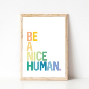 May include: A framed print with the text "BE A NICE HUMAN." in a rainbow color scheme.