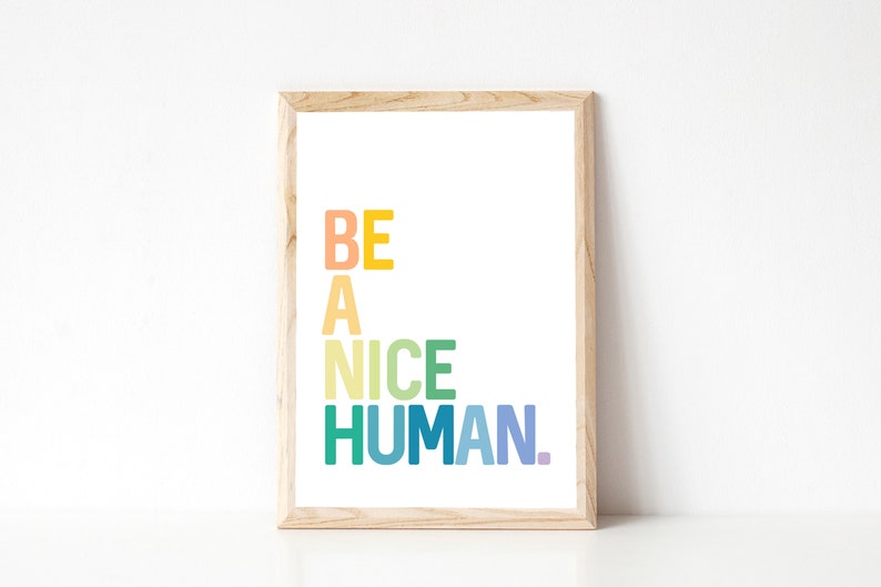 May include: A framed print with the text "BE A NICE HUMAN." in a rainbow color scheme.