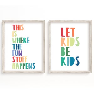 Rainbow Playroom Poster Prints, Printable Wall Art, Poster Prints, Rainbow Print, This Is Where The Fun Stuff Happems, Let Kids Be Kids