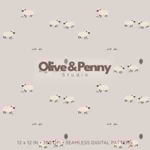 May include: A seamless digital pattern featuring cream-colored sheep scattered across a light brown background. The pattern includes small green grass and tree illustrations. The text "Olive & Penny Studio" is in the center. The pattern is 12 x 12 inches.