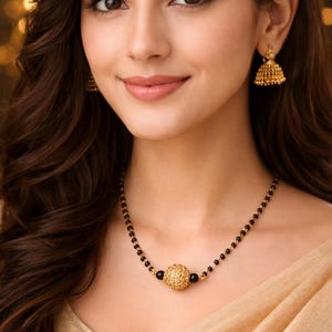 Collana Mangalsutra con perline nere / Pendente in oro con zirconi cubici, gioielli da sposa indiani per donna