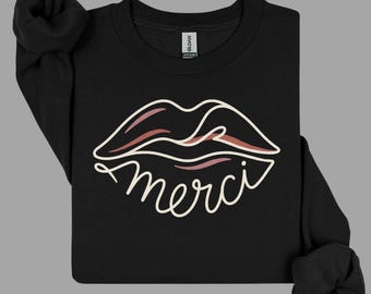 Merci Lips Sweatshirt – Minimalist Line Art French Streetwear Pullover