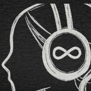 May include: Black graphic tee with a white outline of a head wearing headphones. The headphones have an infinity symbol in the centre. The design is simple and artistic, suitable for music lovers or those interested in abstract concepts.