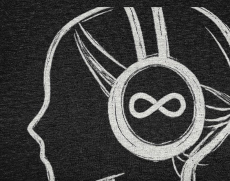 May include: Black graphic tee with a white outline of a head wearing headphones. The headphones have an infinity symbol in the centre. The design is simple and artistic, suitable for music lovers or those interested in abstract concepts.
