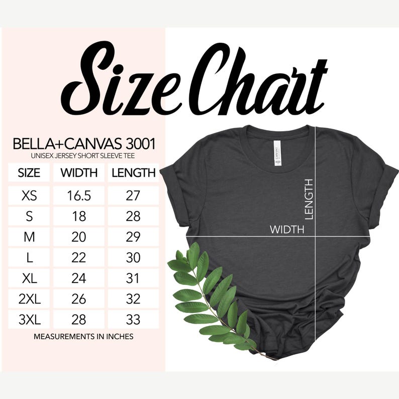 May include: A size chart for a Bella+Canvas 3001 unisex jersey short sleeve tee. The chart shows measurements in inches for sizes XS to 3XL. The shirt is dark grey, with a green leafy sprig in the lower right corner.