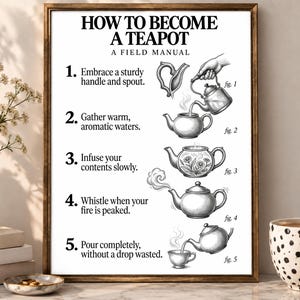 Puede incluir: Un póster blanco enmarcado titulado HOW TO BECOME A TEAPOT A FIELD MANUAL. Presenta cinco pasos numerados con ilustraciones en blanco y negro de teteras, incluyendo una mano vertiendo agua, una tetera con flores y una tetera humeante vertiendo en una taza.