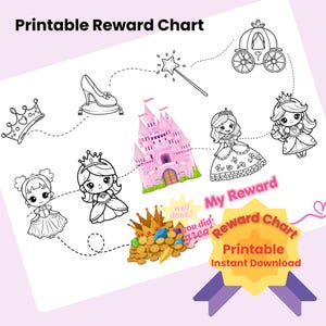 Op de afbeelding: Een afdrukbare beloningskaart met illustraties met prinsessenthema, waaronder een kasteel, een kroon, een toverstaf en een koets. De kaart bevat de tekst "Printable Reward Chart" en "My Reward".