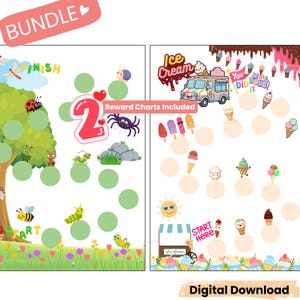 May include: Two colorful reward charts with a nature and ice cream theme. The nature chart has a tree, insects, and flowers. The ice cream chart features an ice cream truck, cones, and popsicles. The charts include the text "BUNDLE", "Reward Charts Included", and "Digital Download".