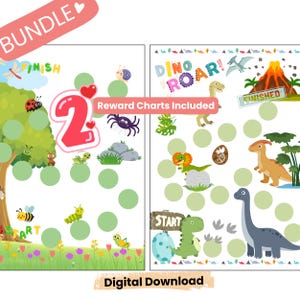 Op de afbeelding: Twee kleurrijke beloningskaarten met een dinosaurus- en insectenthema. De kaarten bevatten de tekst "Dino Roar!" en "Finish". De kaarten zijn een digitale download.