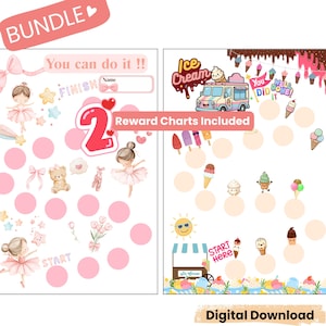 May include: Two reward charts with a pink theme. One chart features ballerinas, bows, and a teddy bear. The other chart has an ice cream truck and ice cream cones. Text includes "You can do it!!", "Reward Charts Included", and "Digital Download".