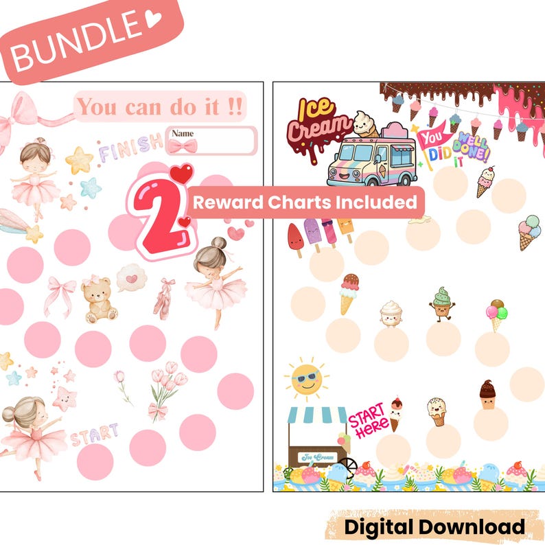 Reward Chart Bundle Printable for Kids, Ballerina and Ice Cream ...