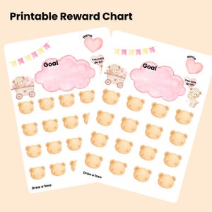 Puede incluir: Dos tablas de recompensas imprimibles con un esquema de color rosa y amarillo. Cada tabla presenta una nube rosa, ilustraciones de ositos de peluche y el texto "Goal". Las tablas incluyen el texto "Printable Reward Chart", "Name", "You can do it!!" y "Draw a face".