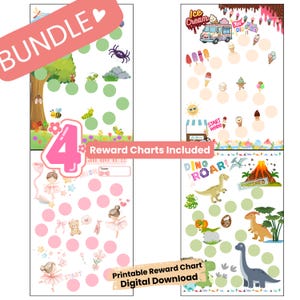 May include: A bundle of four printable reward charts with various themes. The charts include an ice cream theme, a dinosaur theme, a ballet theme, and a nature theme. The charts have circles for stickers.