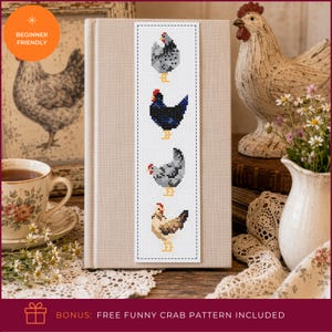 May include: A vertical rectangular cross-stitch pattern featuring four distinct chickens stacked in a column. Each chicken is rendered in a different color palette, including shades of gray, black, and tan, with red combs and yellow feet.