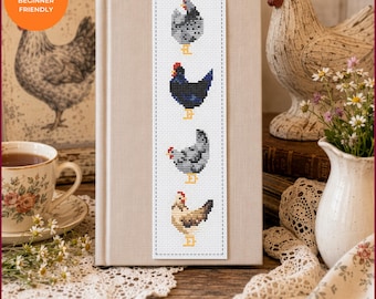 May include: A vertical rectangular cross-stitch pattern featuring four distinct chickens stacked in a column. The chickens are depicted in shades of gray, black, and brown with red combs and yellow feet. The design is bordered by a dashed line.