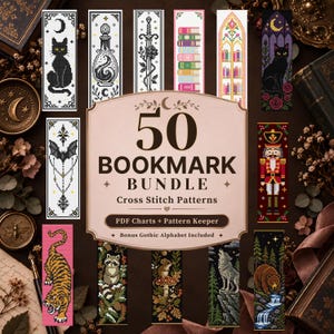 May include: A collection of cross stitch patterns featuring 50 bookmark designs, including motifs of cats, a sword, books, a nutcracker, a tiger, a raccoon, a mouse, a wolf, and a bear, with text reading 50 BOOKMARK BUNDLE Cross Stitch Patterns.