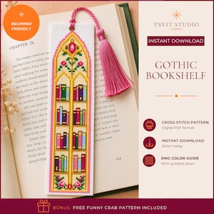 Rose Gothic Bookshelf Bookmark Cross Stitch Pattern, Beginner Friendly (PDF, Pattern Keeper Compatible)