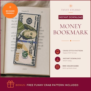 Puede incluir: Un marcapáginas de punto de cruz con un diseño de billete de 100 dólares, un retrato de Benjamin Franklin, detalles en hilo verde y negro, y el texto THE UNITED STATES OF AMERICA. La imagen incluye el texto TSVIT STUDIO MONEY BOOKMARK.
