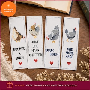 May include: Four rectangular white bookmarks featuring cross-stitch designs of chickens. Each bookmark includes text: BOOKED & BUSY, JUST ONE MORE CHAPTER, BOOK WORM, and ONE MORE PAGE. Each design features a small red heart at the bottom.