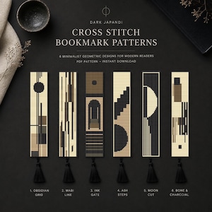 Pode incluir: Seis marcadores de página retangulares em ponto cruz com padrões geométricos em preto, bege e castanho. Cada marcador tem uma borla preta. O texto diz: DARK JAPANDI CROSS STITCH BOOKMARK PATTERNS, 6 MINIMALIST GEOMETRIC DESIGNS.
