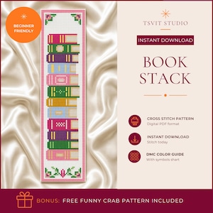 May include: A cross stitch pattern featuring a vertical stack of colorful books in shades of pink, green, purple, yellow, and blue. The design includes floral accents at the top and bottom, with text reading TSVIT STUDIO, BOOK STACK, and BONUS: FREE FUNNY CRAB PATTERN INCLUDED.