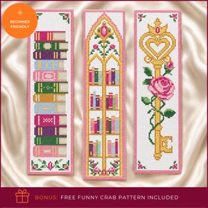 May include: Three rectangular cross-stitch patterns on white fabric with pink borders. The left shows a stack of colorful books. The center depicts a tall arched window with shelves of books. The right features a gold key entwined with a pink rose.