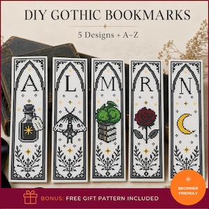 May include: Five vertical cross-stitch bookmarks featuring gothic designs with letters A, L, M, R, and N. Each bookmark displays a black and white border with a central motif: a potion bottle, a moth, a dragon on books, a red rose, and a yellow moon.