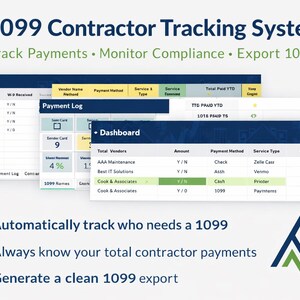 1099 Contractor Tracking System | Automated 1099 Spreadsheet | Subcontractor Payment Tracker | Small Business Tax Organizer