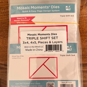 May include: A clear plastic package containing Mosaic Moments Dies for page design. The package includes a Triple Shift Set with 3x4 and 4x5 pieces. The actual die size is 3.25x4.375 inches. The package is sealed with a yellow rubber band.
