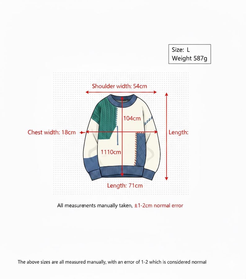 以下が含まれることがあります： クリーム、グリーン、ブルーのカラーブロックの大きなセーター。セーターの胸囲は18cm、肩幅は54cm、着丈は71cmです。重さは587gです。デザインにはケーブルニット部分とパッチディテールが含まれています。