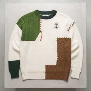 Suéter de tricô trançado com blocos de cores | Suéter patchwork com detalhes de amarração (novo com etiqueta)