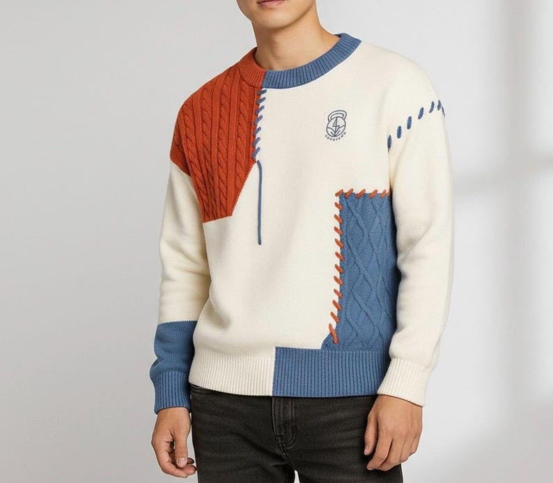 以下が含まれることがあります： クリーム色のセーター、カラーブロックデザイン。肩に錆色のケーブルニットパネル、青とクリーム色のセクション、青色のステッチディテールが特徴です。胸には小さなエンブレムがあります。
