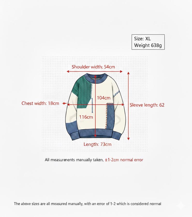 以下が含まれることがあります： XLサイズのセーター、重さ638g。緑、青、クリーム色のカラーブロックデザイン。肩幅54cm、胸囲18cm、袖丈62cm、着丈73cmです。