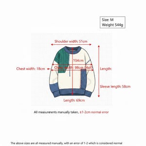 以下が含まれることがあります： Mサイズのセーター。グリーン、ブルー、ホワイトのカラーブロックデザイン。肩幅51cm、胸囲98cm、着丈69cm。袖丈58cm。重量544g。手動測定のため、1〜2cmの誤差があります。