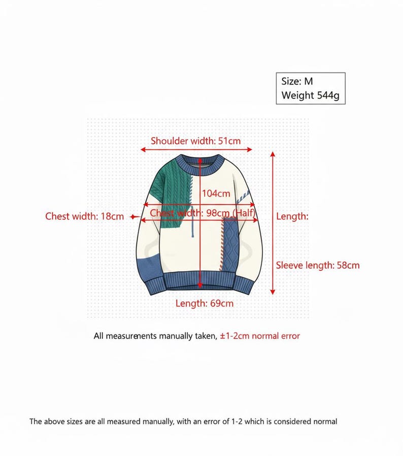 以下が含まれることがあります： Mサイズのセーター。グリーン、ブルー、ホワイトのカラーブロックデザイン。肩幅51cm、胸囲98cm、着丈69cm。袖丈58cm。重量544g。手動測定のため、1〜2cmの誤差があります。