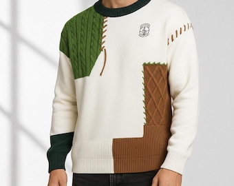 カラーブロックパッチワークニットセーター：モダンフィット、ソフトアクリルブレンド