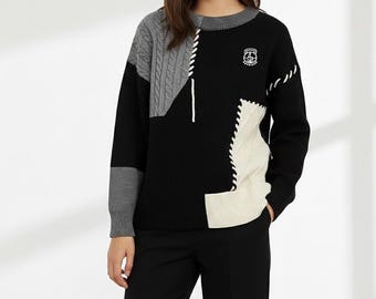 カラーブロックパッチワークニットセーター：モダンなフィット感と暖かさ