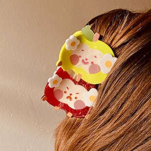 May include: Two cartoon apple-shaped hair clips. One is yellow with a green leaf and white flower accents, the other is red with white flower accents. Both have smiling faces and are set against brown hair.