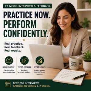 Könnte beinhalten: Werbebild für Mock-Interview-Dienste. Der Text lautet "Jetzt üben. Selbstbewusst auftreten." mit Details zu Übung, Feedback und Ergebnissen. Symbole stehen für reale Übung, Experten-Feedback und bessere Ergebnisse. Eine Frau lächelt, während sie einen Laptop benutzt.