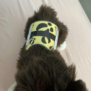以下が含まれることがあります： 首に黄と黒の「EMOTIONAL SUPPORT」タグが付いた茶色のぬいぐるみ。 タグには足跡と「EMOTIONAL SUPPORT」の文字が印刷されています。 ぬいぐるみはピンク色の表面にあります。