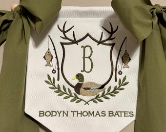 Banner para la puerta del hospital para bebé niño, colgador de puerta personalizado, banner bordado con el nombre del bebé, escudo de banner personalizado para bebé, banner con nombre personalizado