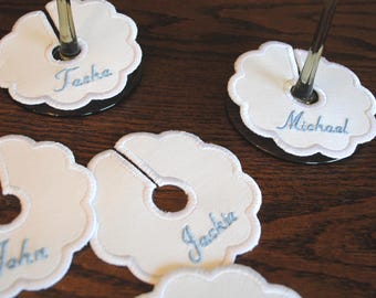 Embroidered Wine Glass Tags, Drink Markers, Bachelorette Party Favors, Custom Embroidered Scallop Wine Stem Tags, Custom Wine Glass Tags