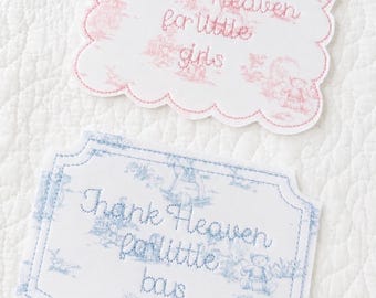 Embroidered Baby Bassinet Plaque, Heirloom Keepsake Newborn Gift, Baby Announcemnet Prop, Thank Heaven for little boys & girls
