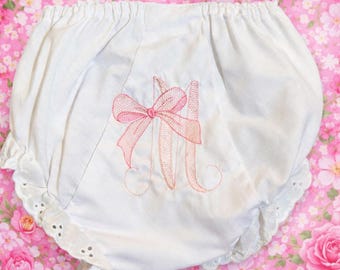 Bow Initial Monogram Bloomer, Personalized Baby Girl Diaper Cover, Eyelet Double Seat Panty